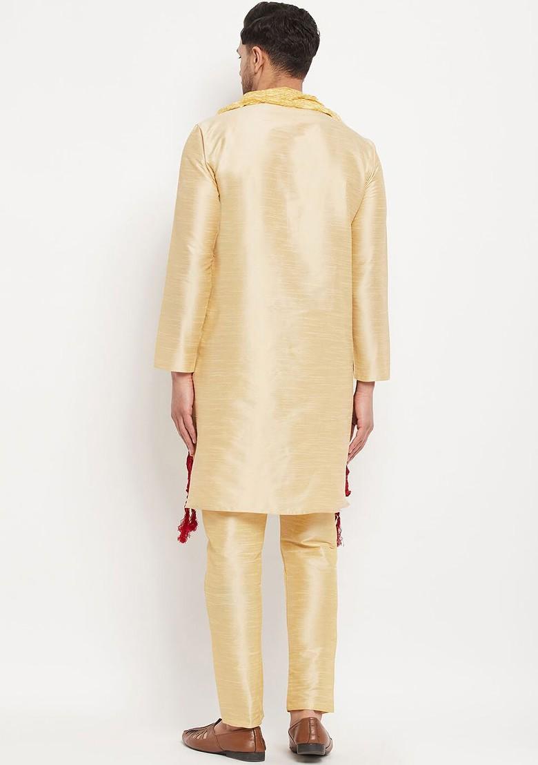 Gold Solid Poly Blend Kurta Set For Men