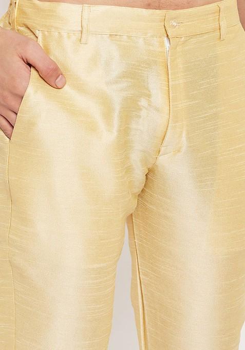 Gold Solid Poly Blend Kurta Set For Men