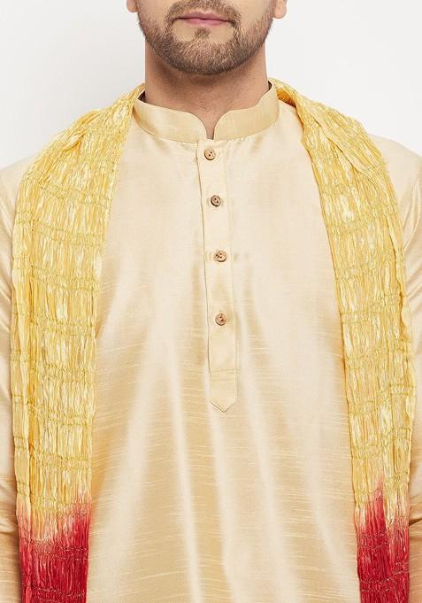 Gold Solid Poly Blend Kurta Set For Men