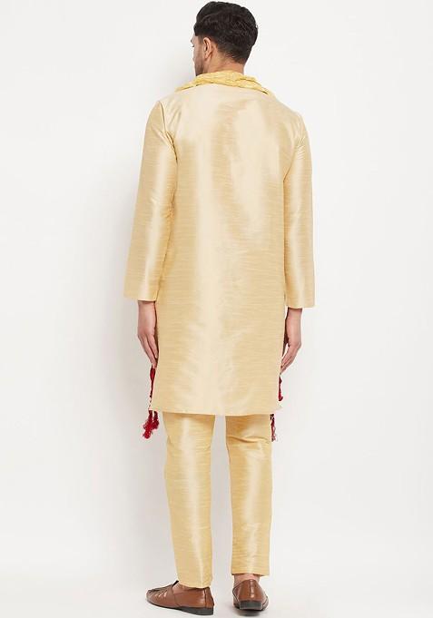 Gold Solid Poly Blend Kurta Set For Men