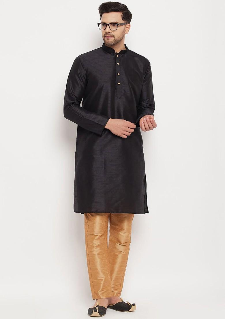 Black Solid Poly Blend Kurta Set For Men