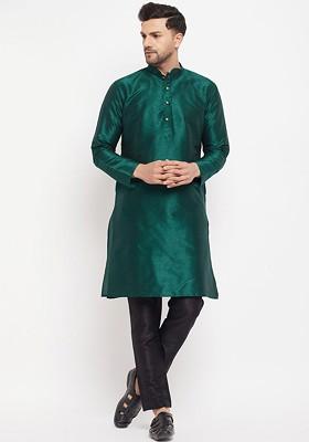 Green Solid Poly Blend Kurta Set For Men