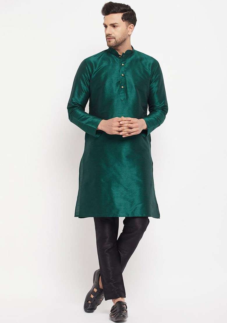 Green Solid Poly Blend Kurta Set For Men - Indya
