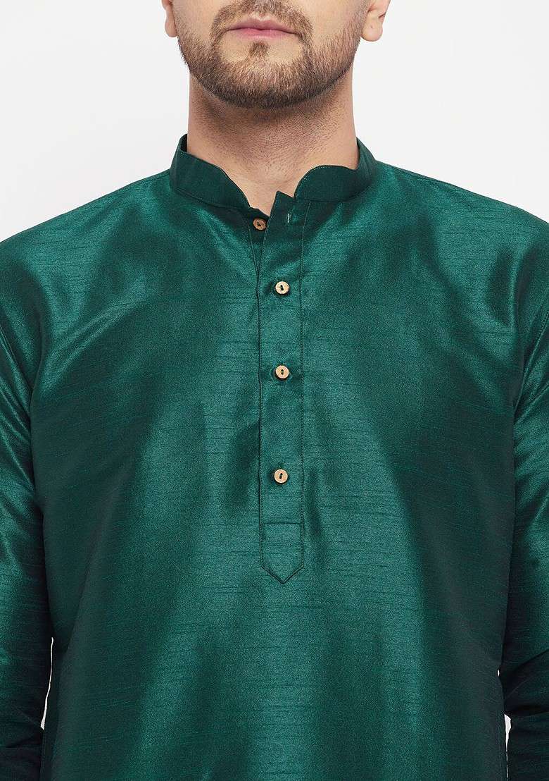 Green Solid Poly Blend Kurta Set For Men - Indya
