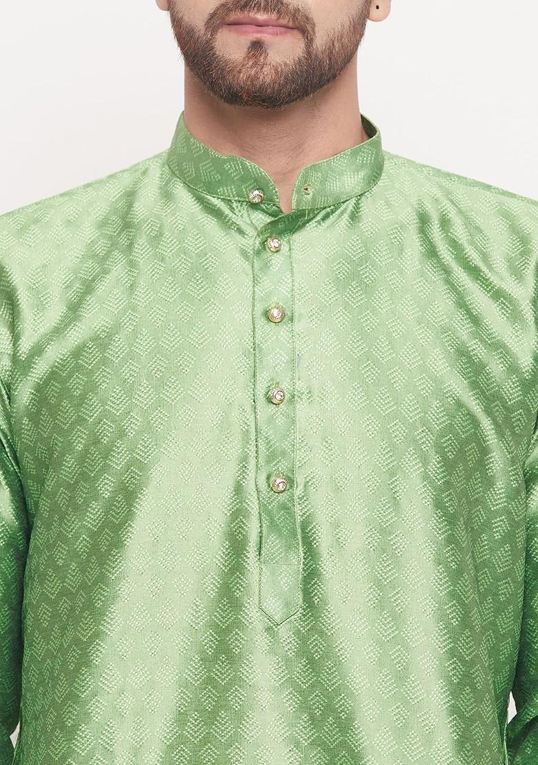 Green Woven Poly Blend Kurta Set For Men