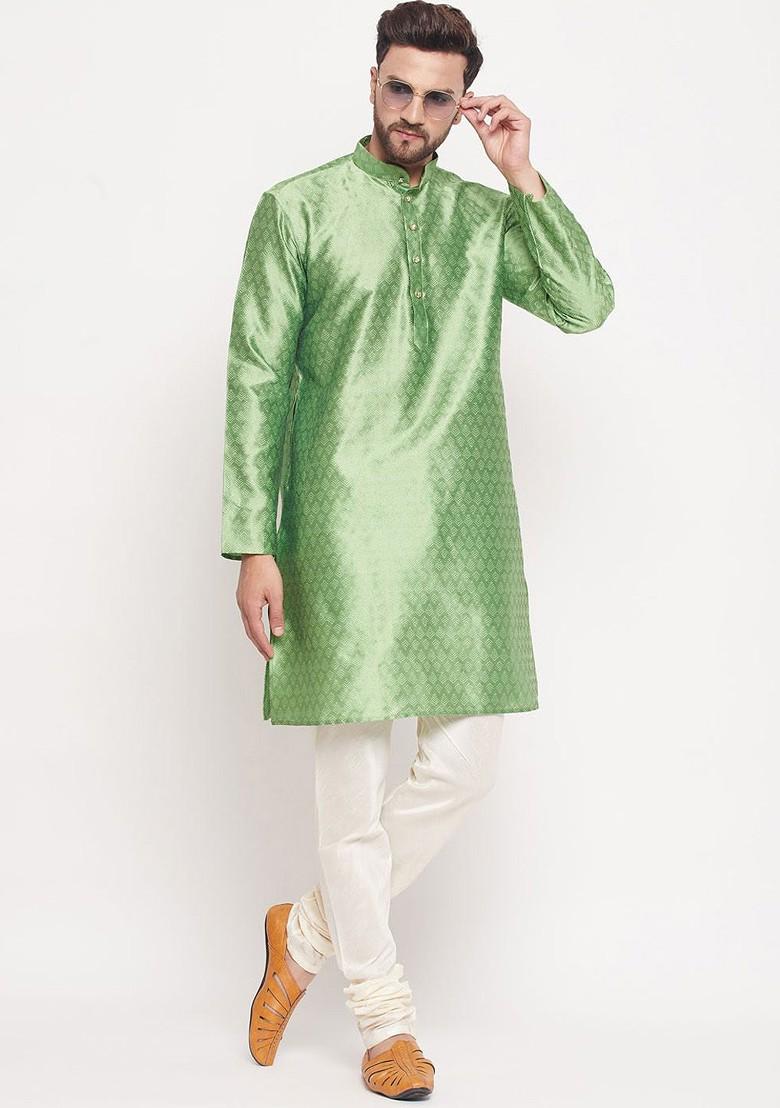 Green Woven Poly Blend Kurta Set For Men
