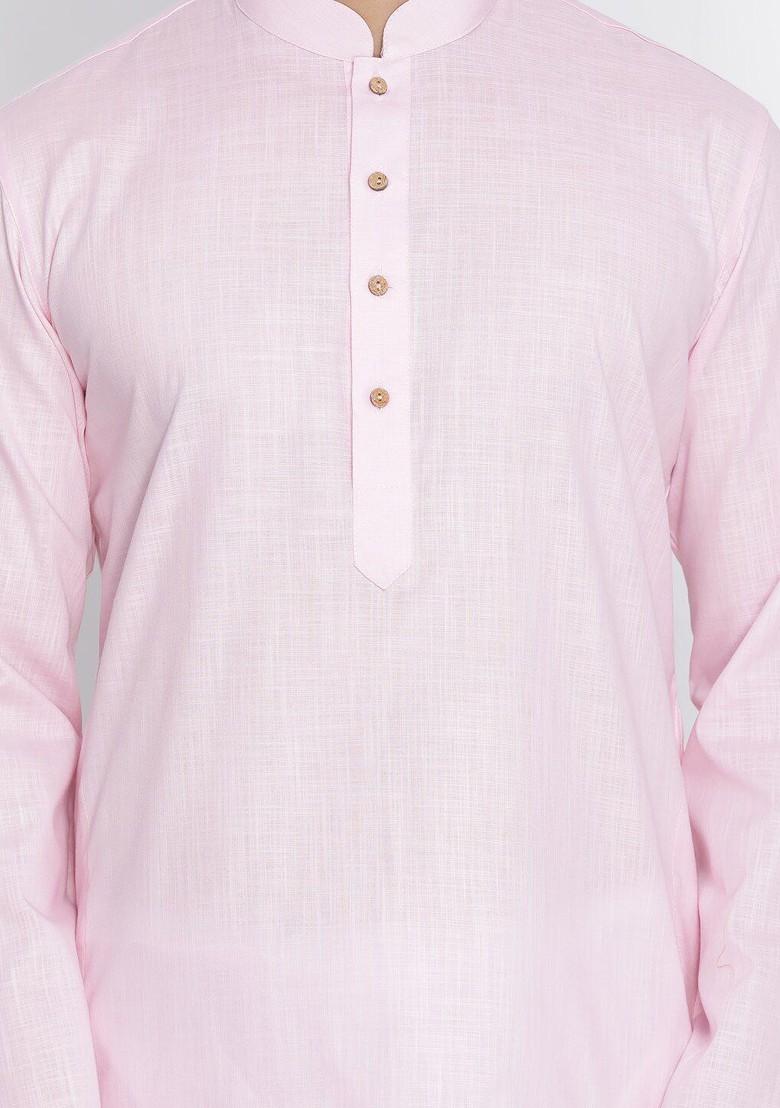 Pink Solid Poly Blend Kurta Set For Men