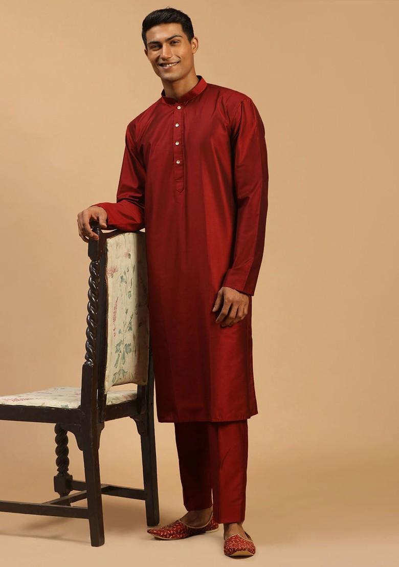 Maroon Solid Poly Blend Kurta Set For Men