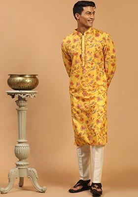 Mustard Floral Print Poly Blend Kurta Set For Men