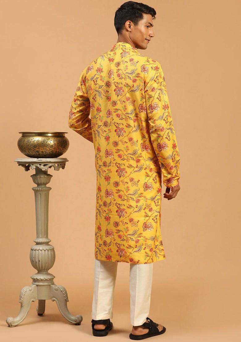Mustard Floral Print Poly Blend Kurta Set For Men