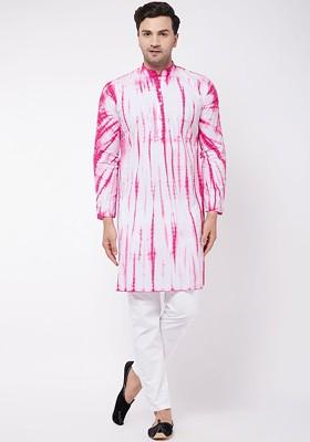 Pink Striped Cotton Kurta Set For Men