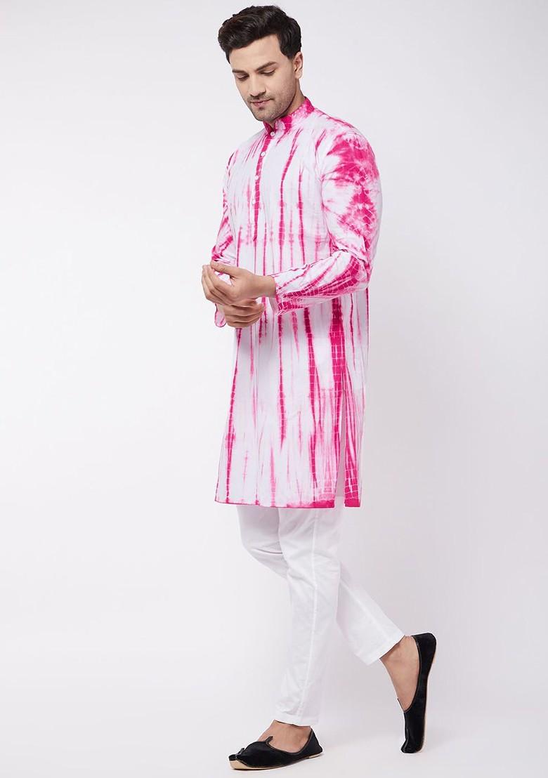 Pink Striped Cotton Kurta Set For Men