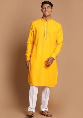 Yellow Solid Poly Blend Kurta Set For Men