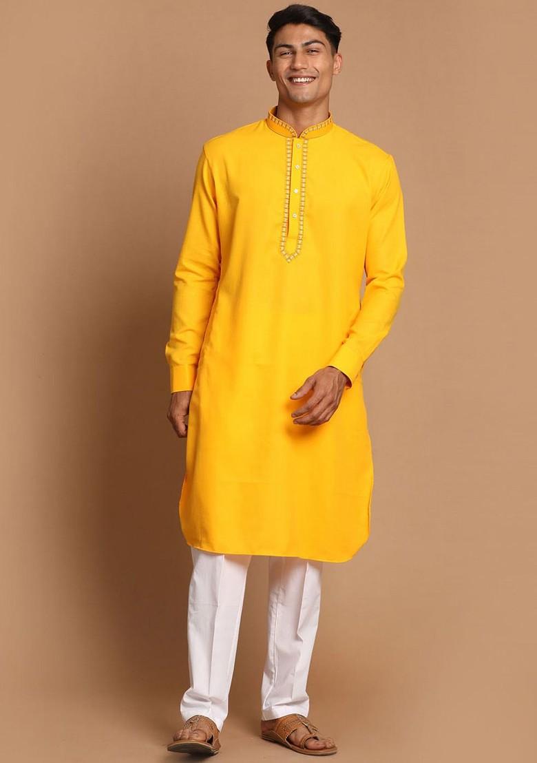 Yellow Solid Poly Blend Kurta Set For Men