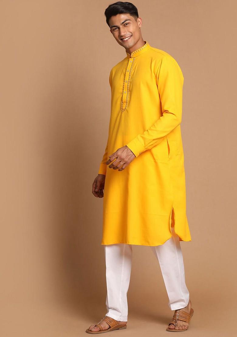 Yellow Solid Poly Blend Kurta Set For Men