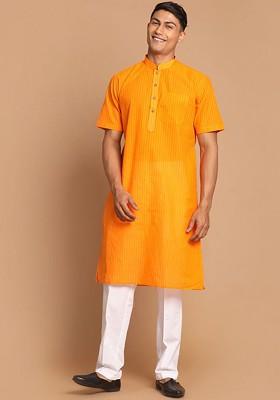 Orange Solid Cotton Kurta Set For Men
