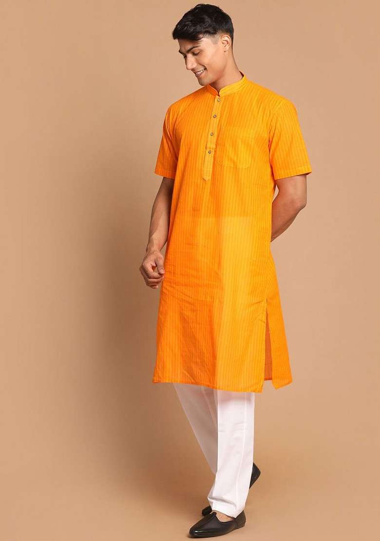 Orange Solid Cotton Kurta Set For Men - Indya