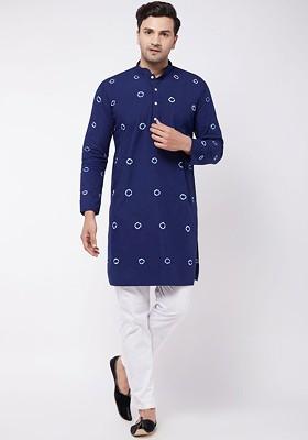 Blue Solid Cotton Kurta Set For Men