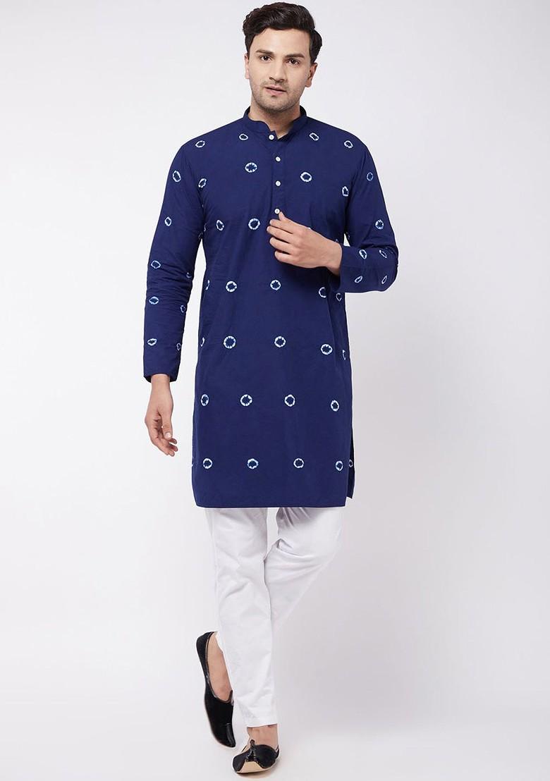 Blue Solid Cotton Kurta Set For Men