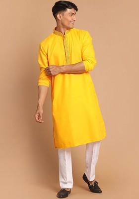 Yellow Solid Poly Blend Kurta Set For Men