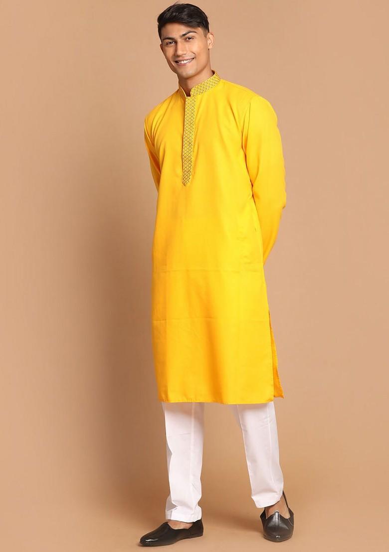Yellow Solid Poly Blend Kurta Set For Men