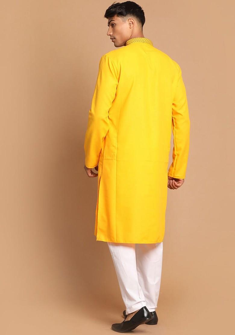 Yellow Solid Poly Blend Kurta Set For Men