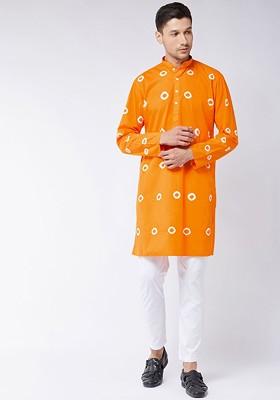 Orange Embroidered Cotton Kurta Set For Men