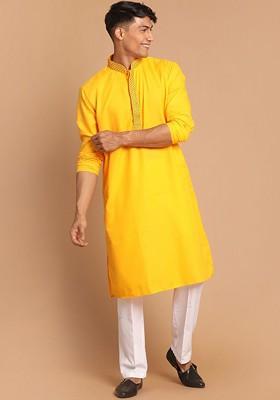 Yellow Thread Work Poly Blend Kurta Set For Men