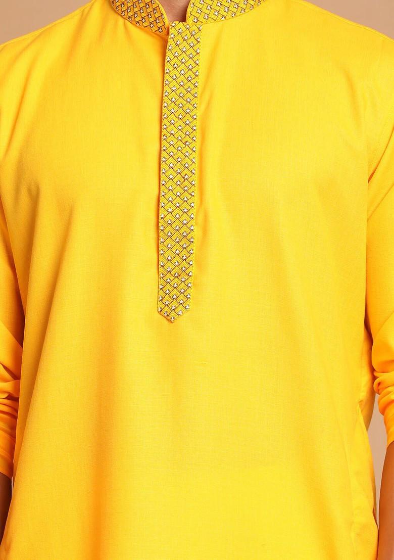 Yellow Thread Work Poly Blend Kurta Set For Men