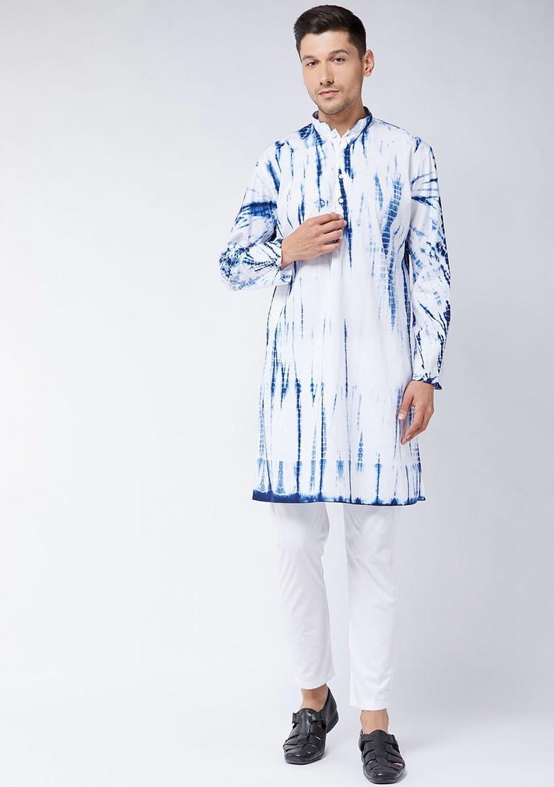 Blue Printed Cotton Kurta Set For Men