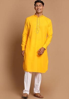 Yellow Solid Poly Blend Kurta Set For Men