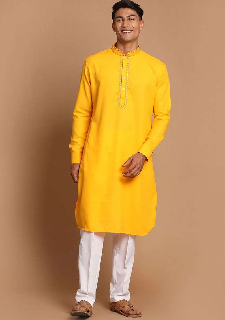 Yellow Solid Poly Blend Kurta Set For Men - Indya