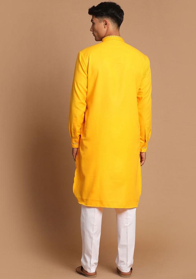 Yellow Solid Poly Blend Kurta Set For Men