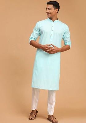 Blue Striped Poly Blend Kurta Set For Men