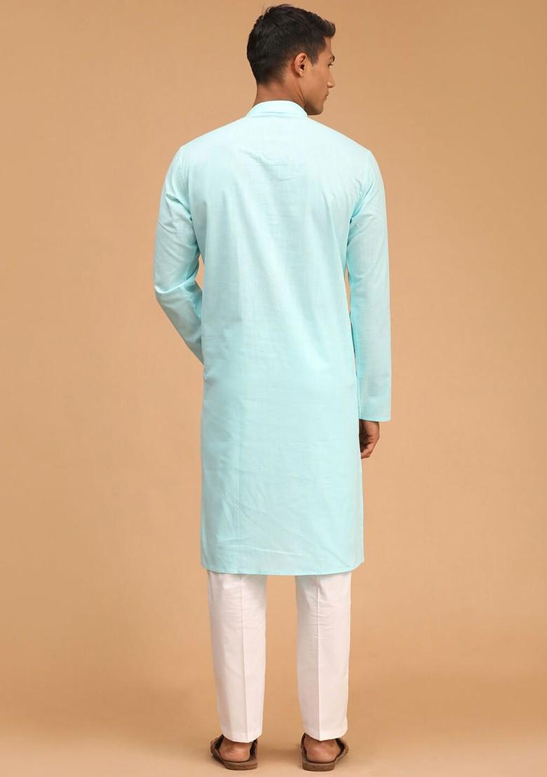 Blue Striped Poly Blend Kurta Set For Men