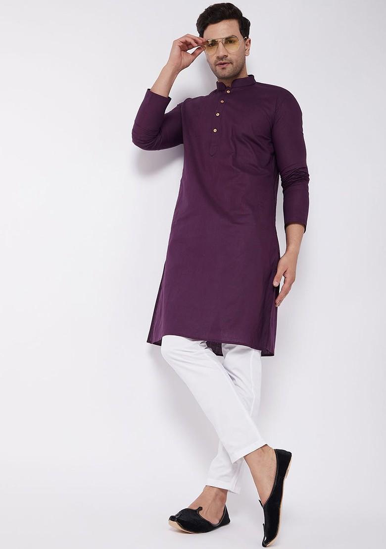 Purple Solid Poly Blend Kurta Set For Men