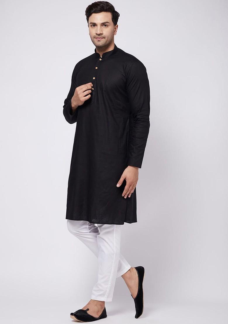 Black Solid Poly Blend Kurta Set For Men