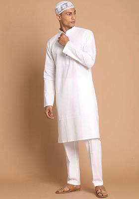 White Embroidered Poly Blend Kurta Set For Men
