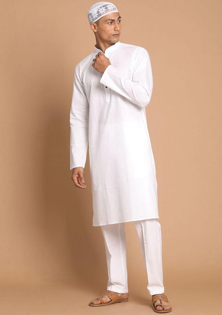 White Embroidered Poly Blend Kurta Set For Men