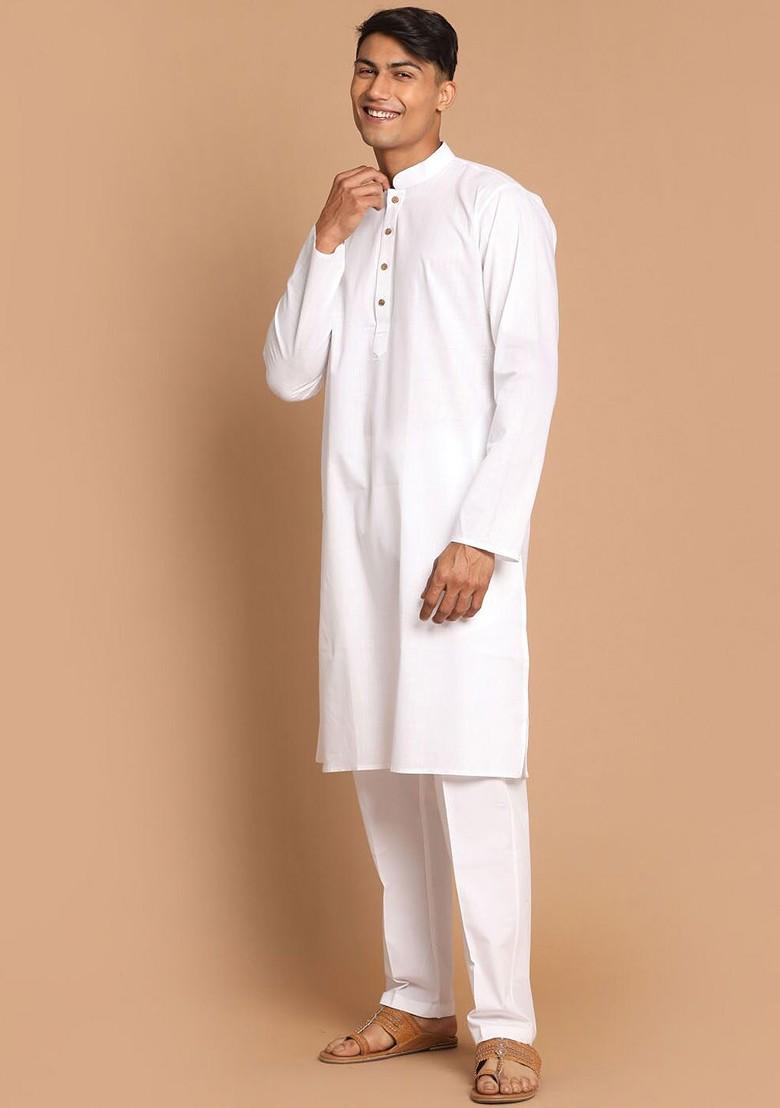 White Embroidered Poly Blend Kurta Set For Men