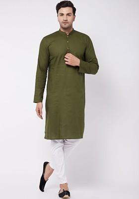 Olive Solid Poly Blend Kurta Set For Men