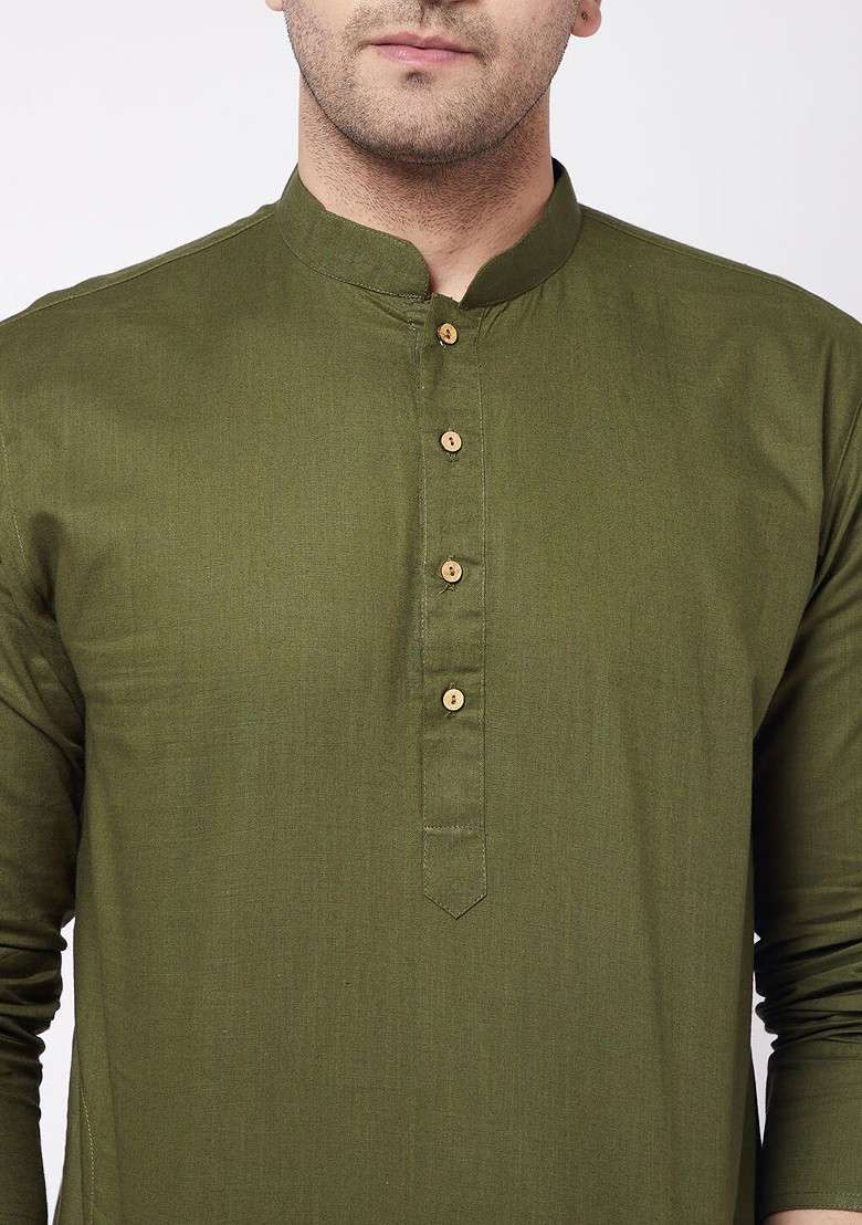 Olive Solid Poly Blend Kurta Set For Men - Indya