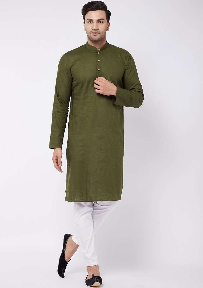 Olive Solid Poly Blend Kurta Set For Men - Indya