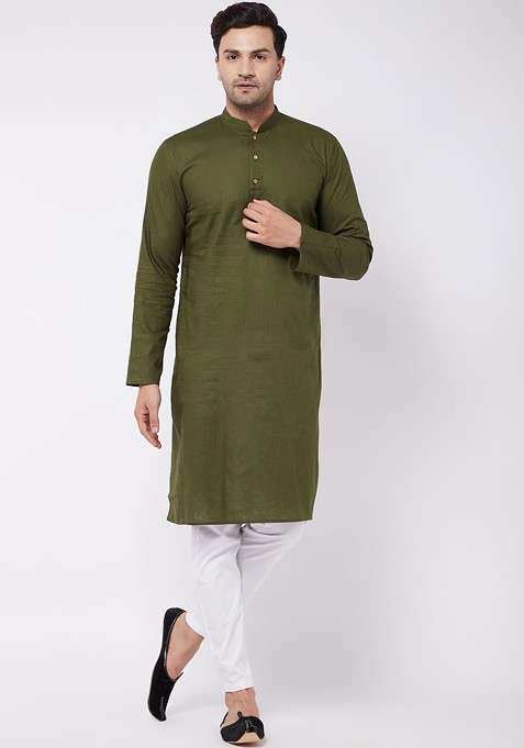 Olive Solid Poly Blend Kurta Set For Men