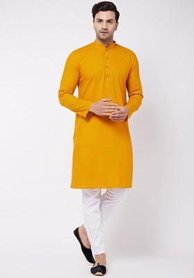 Mustard Embroidered Poly Blend Kurta Set For Men