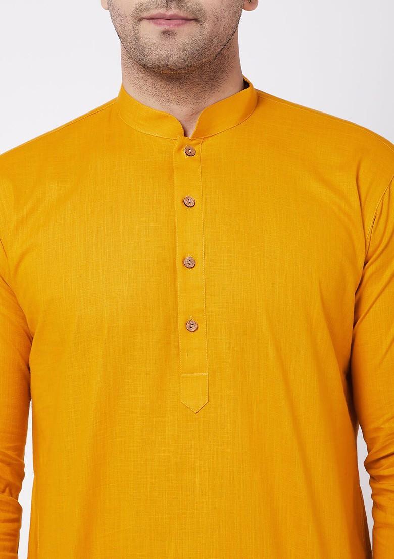 Mustard Embroidered Poly Blend Kurta Set For Men