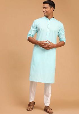 Blue Striped Poly Blend Kurta Set For Men