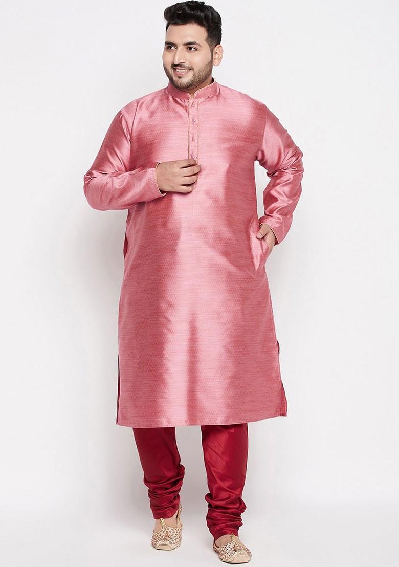 Pink Solid Poly Blend Kurta Set For Men