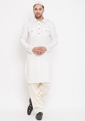 Cream Solid Pathani Kurta Set For Men