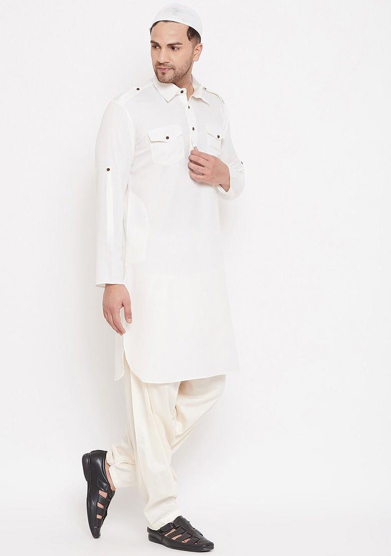 Cream Solid Pathani Kurta Set For Men